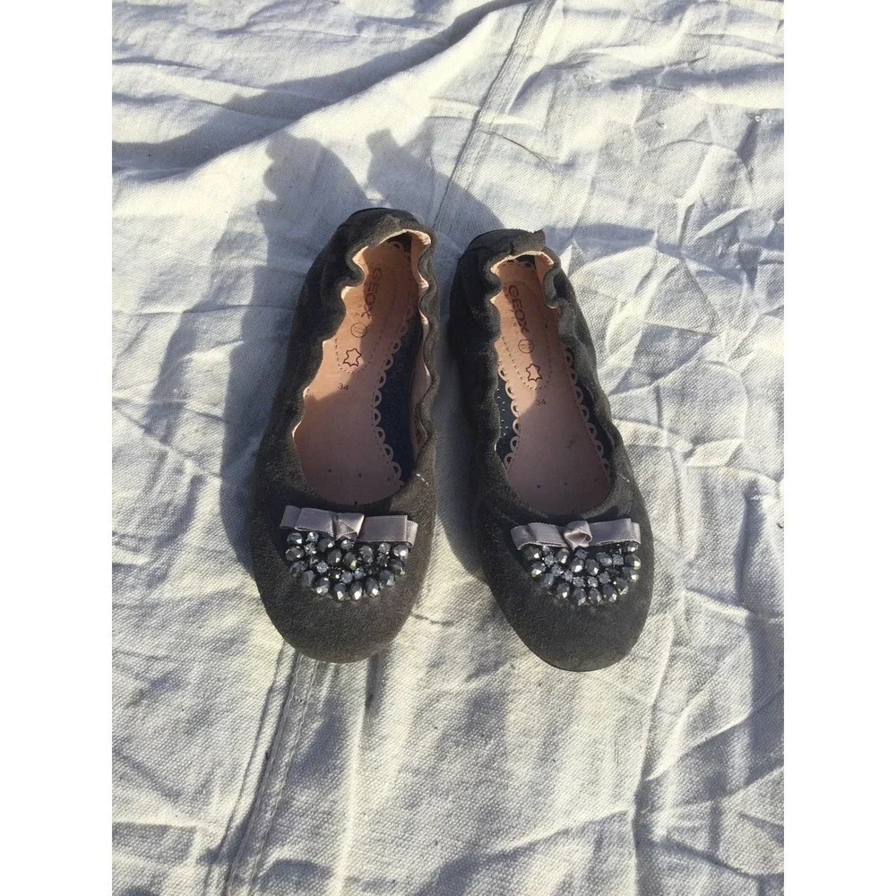 Geox girls suede leather‎ flats size 3 34 shoes rhinestone silver grey gray bow